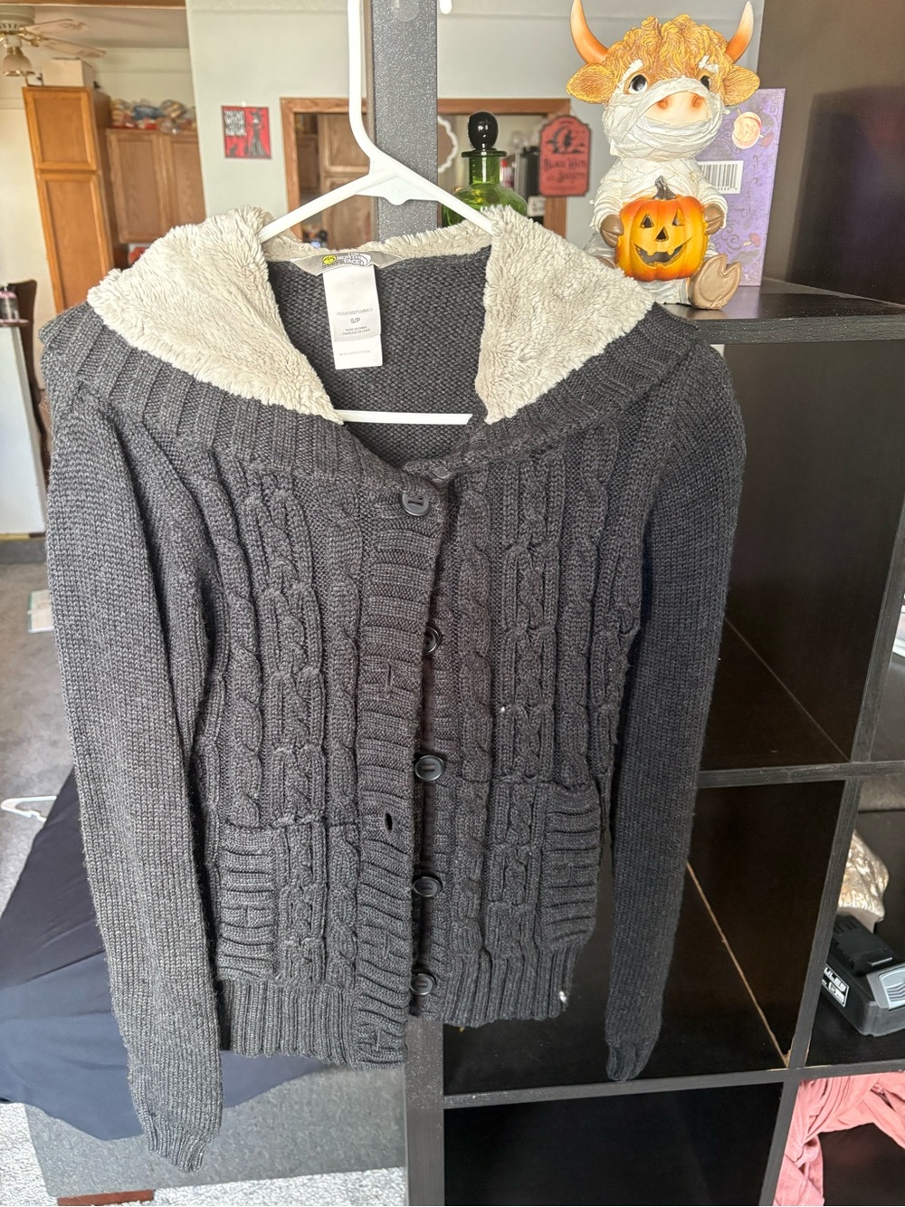The North Face Dark Gray Cable-Knit Hooded Cardigan with Cream Sherpa Lining